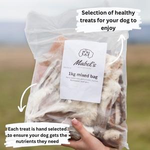 1kg mixed bulk bag, hairy rabbit ears, pork crunch, beef trachea, beef skins, paddy wack, natural dog treat