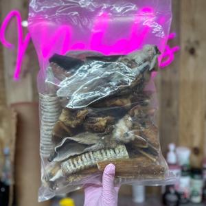 1kg mixed bulk bag, hairy rabbit ears, pork crunch, beef trachea, beef skins, paddy wack, natural dog treat